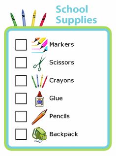 a school supplies checklist with markers, scissors, crayons and pencils