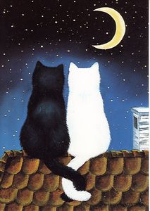 an image of two cats sitting on a roof looking at the stars in the sky