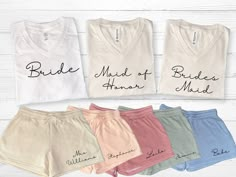 six bridesmaid t - shirts and shorts with the names of their guests on them