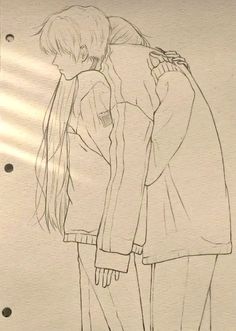 a drawing of two people standing next to each other with their arms around each other