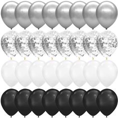 white and black balloons with silver confetti on them, all in different sizes