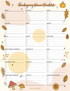 the thanksgiving dinner checklist is shown with autumn leaves and mushrooms in orange, yellow and white