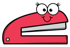 a cartoon red stapler with eyes and nose sticking out from it's side