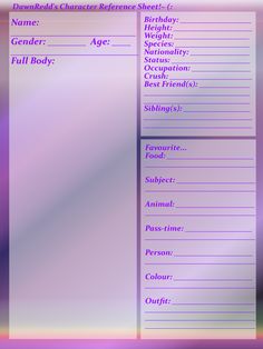 a pink and purple menu with the name of each item