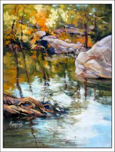 a painting of trees and rocks in the water