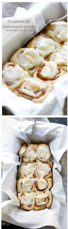 pumpkin pie cinnamon rolls in a baking pan with a knife on the top and bottom