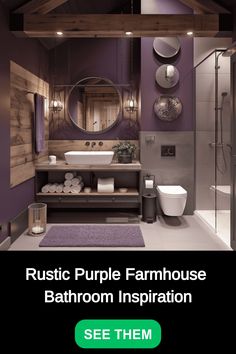 a bathroom with purple walls and flooring is featured in an ad for the home depot