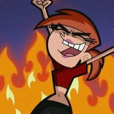 a cartoon girl is standing in front of a fire