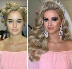 two pictures of the same woman in different wedding dresses and tiaras, one is wearing an off - shoulder pink dress