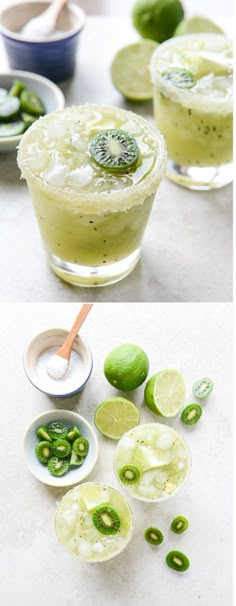 two margaritas with lime slices and jalapenos on the side