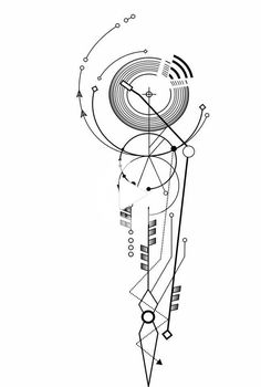 a black and white drawing of an abstract object with lines, dots and circles on it