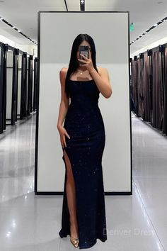 Glitter Sheath/Column Navy Blue Prom Dress with Split Promo Dress Prom, Navy Blue Glitter Prom Dress, Prom Dresses Blue Navy, Navy Blue Glitter Dress, Midnight Blue Prom Dresses, Dark Blue Prom Dresses, Dark Blue Prom Dress, Prom Dress With Split, Black Lace Formal Dress