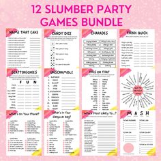 the 12 slumber party games bundle is shown on a pink background with gold foil