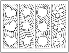 the four panels with hearts, stars and flowers on them are outlined in black and white