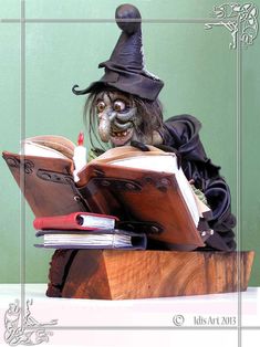 an animal dressed as a wizard reading a book on top of a wooden table with books in front of it