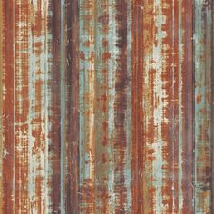 an old rusted metal surface with vertical stripes and horizontal lines in brown, blue, orange and white colors