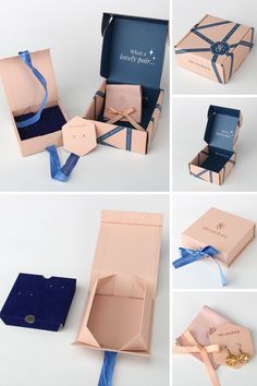 four different views of the inside of an open gift box with blue ribbon around it