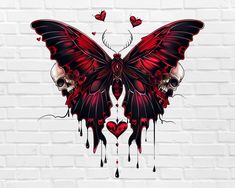 a red butterfly with skulls and hearts on it's wings is painted on a white brick wall