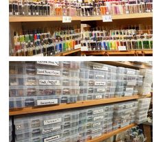 two shelves filled with lots of different types of crafting supplies in plastic bins