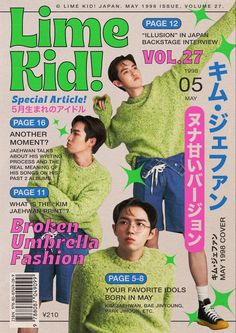 a magazine cover with two men in green sweaters and one man wearing blue shorts