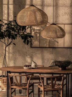 a dining table with four chairs and three hanging lights above it in front of a plant