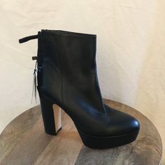 Awesome Pair Of Genuine Leatehr Ankle Boots, Back Zip , 4.5" Stacked Heel, 1.5" Platform And Nwt. (Writing On Bottom) Leather Ankle Platform Boots For Office, Fall Boots With Wrapped Heel, Leather Platform Boots With 4-inch Heel, Black Leather Platform Boots With 4-inch Heel, Leather Closed Toe Platform Boots For Night Out, Chic Closed Toe Leather Heeled Boots, Faux Leather High Heel Boots With 4-inch Heel, Chic Leather Heeled Boots With Closed Toe, Chic Leather Closed Toe Heeled Boots