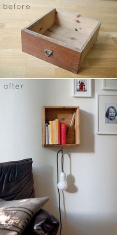 the before and after pictures show how to use an old drawer as a shelf for books