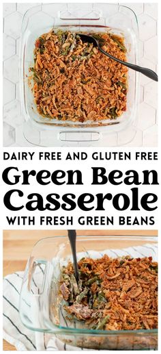 a casserole dish filled with green bean casserole