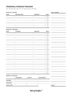 a printable personal finance tracker is shown in black and white, with the words personal finance