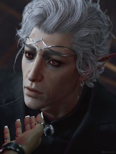 a close up of a person with silver hair