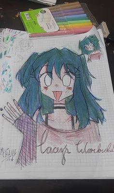 a drawing of a girl with blue hair and glasses on top of a piece of paper