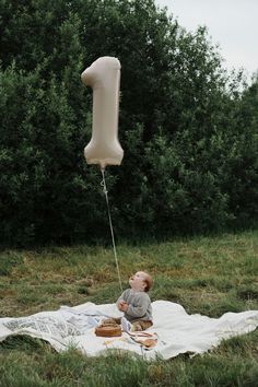 a baby is sitting on a blanket in the grass with a balloon attached to it