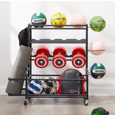 there is a rack with many different sports balls and equipment on it in the room