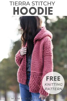 a woman wearing a pink knitted hoodie with the text, free knitting pattern