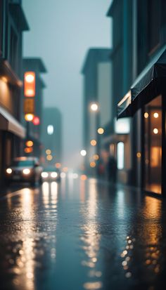 a wet city street at night with cars driving down the road and buildings in the background