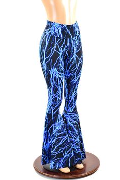 Neon Blue Lightning Print UV Glow Bell Bottom Flares Leggings with High Waist & Stretchy Spandex Fit  151092 Blue Lightning, Blue Lighting, Flare Legging, Spandex Dress, Womens Leggings, Flare Leggings, Olive Branch, Neon Blue, Bell Bottom