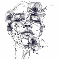 a drawing of a woman's face with flowers in her hair and eyes closed