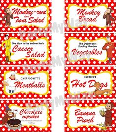 four red and white polka dot labels with cartoon characters on them, one for each child's name