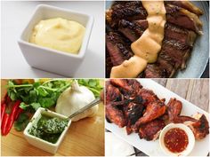 four different pictures with various foods and sauces