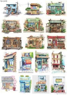 some drawings of different shops and buildings