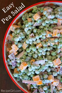 peas salad in a red bowl with text overlay that reads easy pea salad recipe