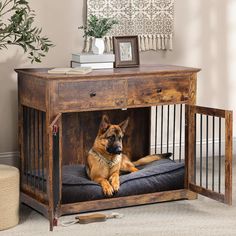 the dog is laying down in his crate bed, which has been made out of wood