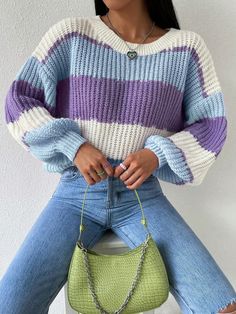 Women's Contrast Color Loose Fit Crew Neck Long Sleeve Knitted Sweater, Autumn Winter Multicolor Casual  Long Sleeve Knitwear Colorblock,Striped Pullovers Non-Stretch  Women Clothing, size features are:Bust: ,Length: ,Sleeve Length: Loose Pullover Sweater, Winter Crochet, Crochet Skirts, Oversize Pullover, Drop Shoulder Sweater, Sweater Autumn, Sweater Crochet, Loose Pullover, Drop Shoulder Sweaters