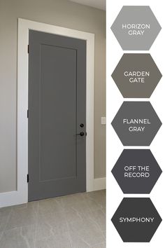 Keep it neutral with a gray front door that is sure to complement your house's exterior color.  Tap the image to explore all of our door colors and find more front door ideas! Interior Paint Colors For House Gray White Trim Black Doors, Door Design Color Paint, White Trim Gray Doors, Gray Walls Gray Doors, Gray Walls Dark Gray Doors, Charcoal Grey Doors Interior, Front Door Interior Entryway Paint Colors, Grey Indoor Doors Interior Design, White Walls With Grey Doors