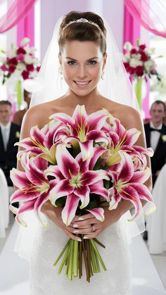 Vibrant Pink Stargazer Lily Bridal Bouquet Ideas Bouquets With Lilies, Stargazer Lily Bridal Bouquet, Tiger Lily Bouquet, Pink Tiger Lily, Pink Stargazer Lily, White Roses Bouquet, Lily Bridal Bouquet