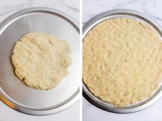 two images showing the dough being made in a round pan on top of a marble countertop