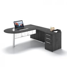 an office desk with a laptop computer on top of it and drawers underneath the desk