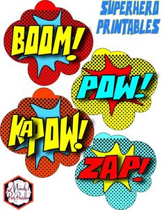 comic book style speech bubbles with the words boom, pow, and zap on them