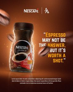 an advertisement for nest cafe with coffee beans coming out of the jar and flying around