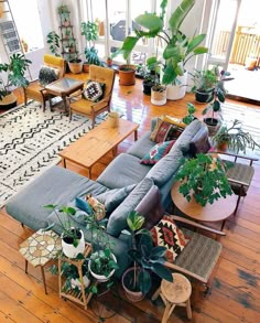 a living room filled with lots of furniture and plants on top of wooden flooring